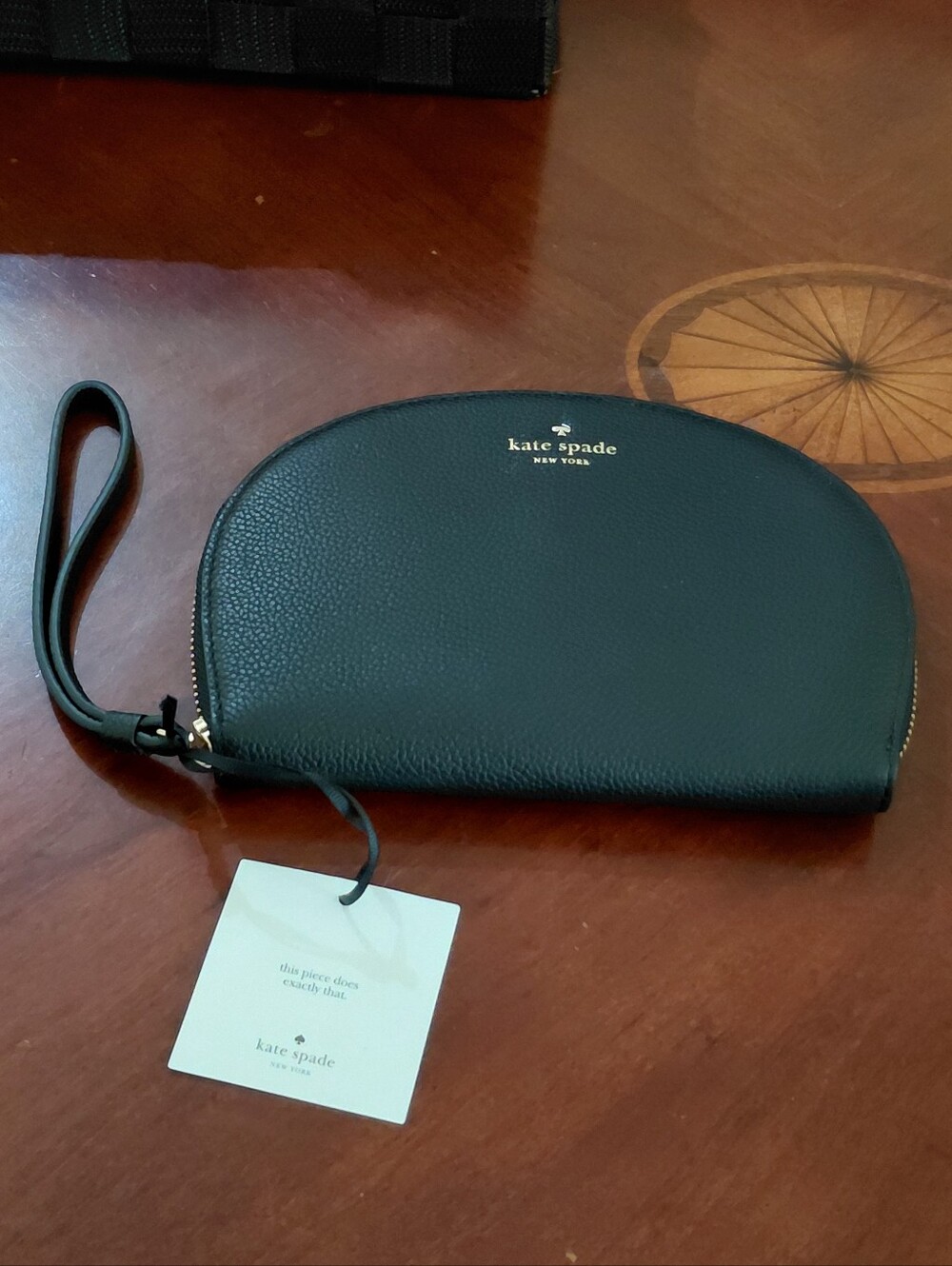 kate spade Black Shara Larchmont Ave Pebbled Leather Zip Pouch Gold Logo NWT
